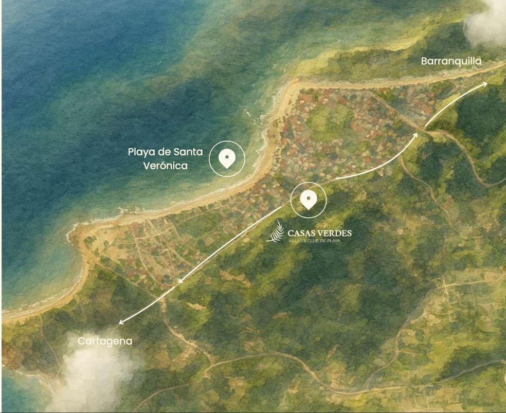 Mapa ilustrado de la costa entre Barranquilla y Cartagena con la ubicación de Casas Verdes en Santa Verónica