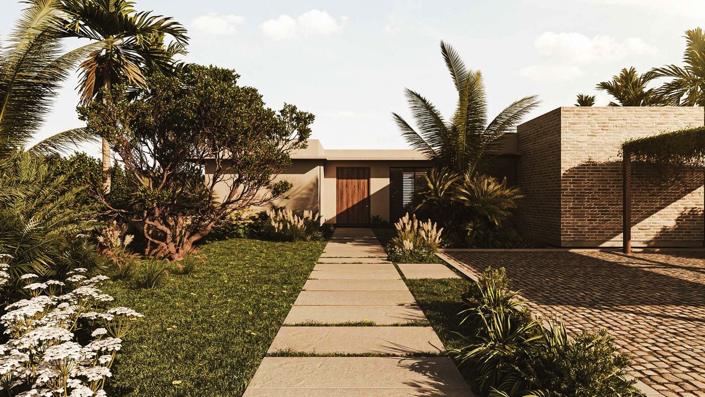 Fachada de una casa del condominio, con acceso en madera y jardín delantero